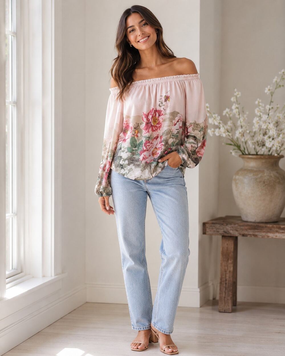 White House Black Market Pink Floral Off Shoulder Blouse Women XS Girly Coquette